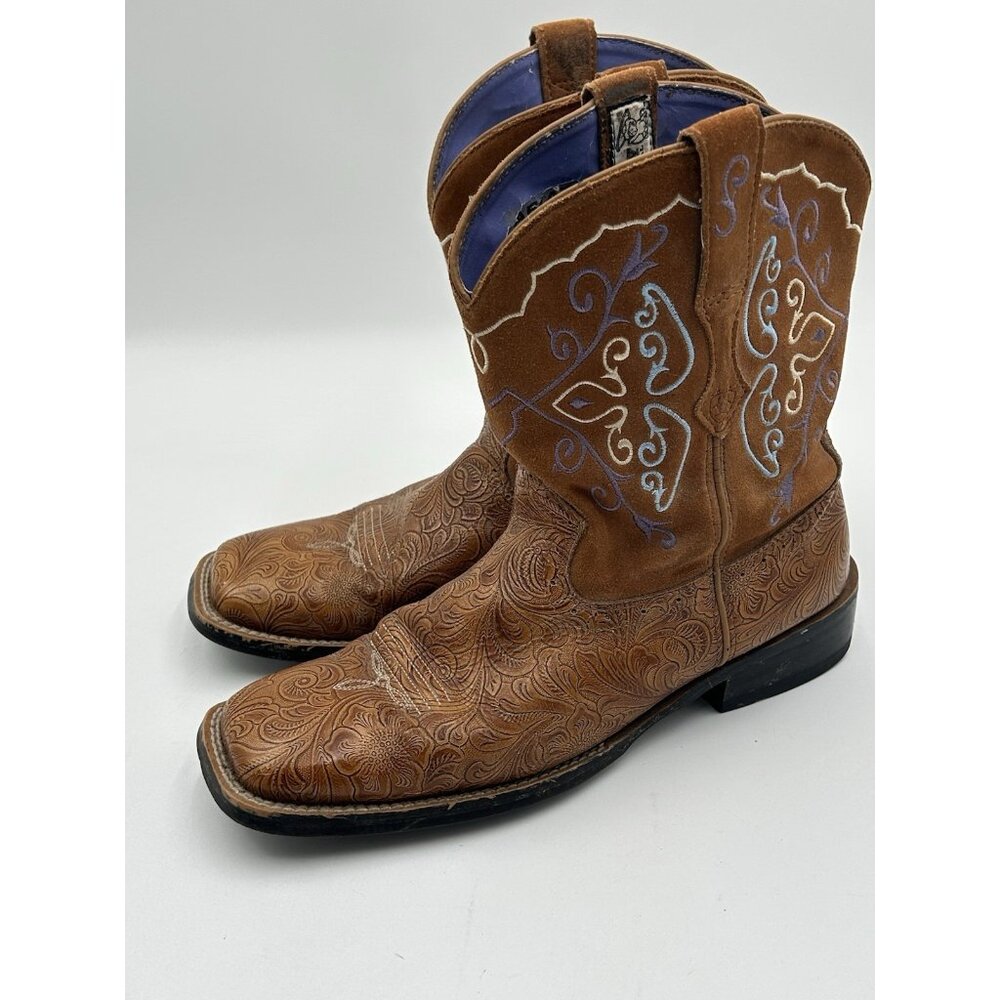 Ariat Brown Leather Embroidered Western Heeled Boots with Blue Lining